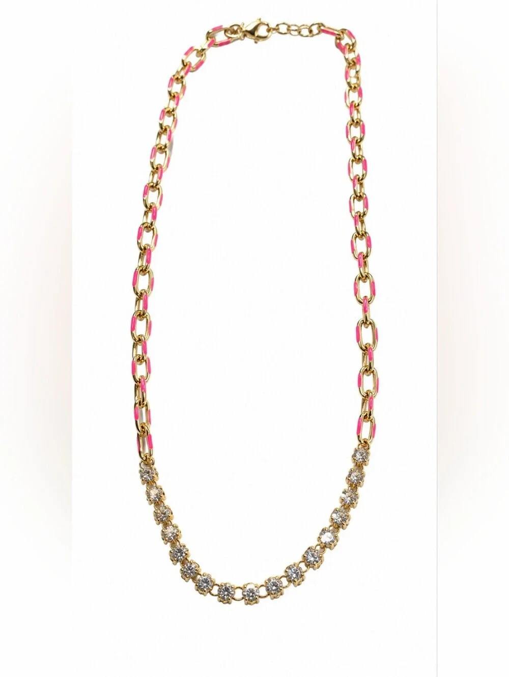 GOLD TONE Tennis Necklace with Rhinestones and Pink Gems